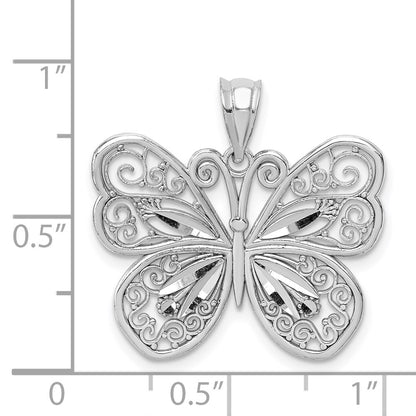 14K White Polished & Diamond-cut Butterfly Pendant