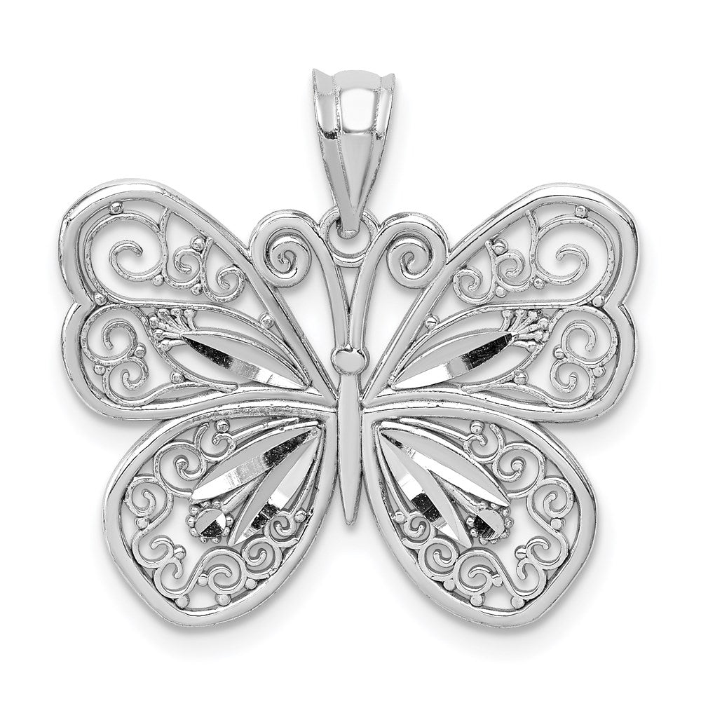 14K White Polished & Diamond-cut Butterfly Pendant