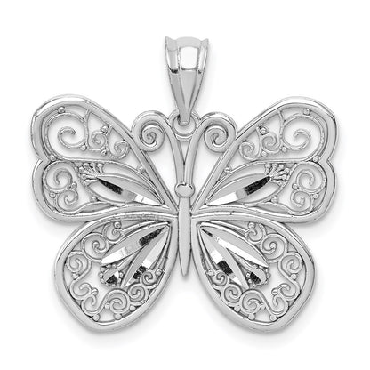 14K White Polished & Diamond-cut Butterfly Pendant