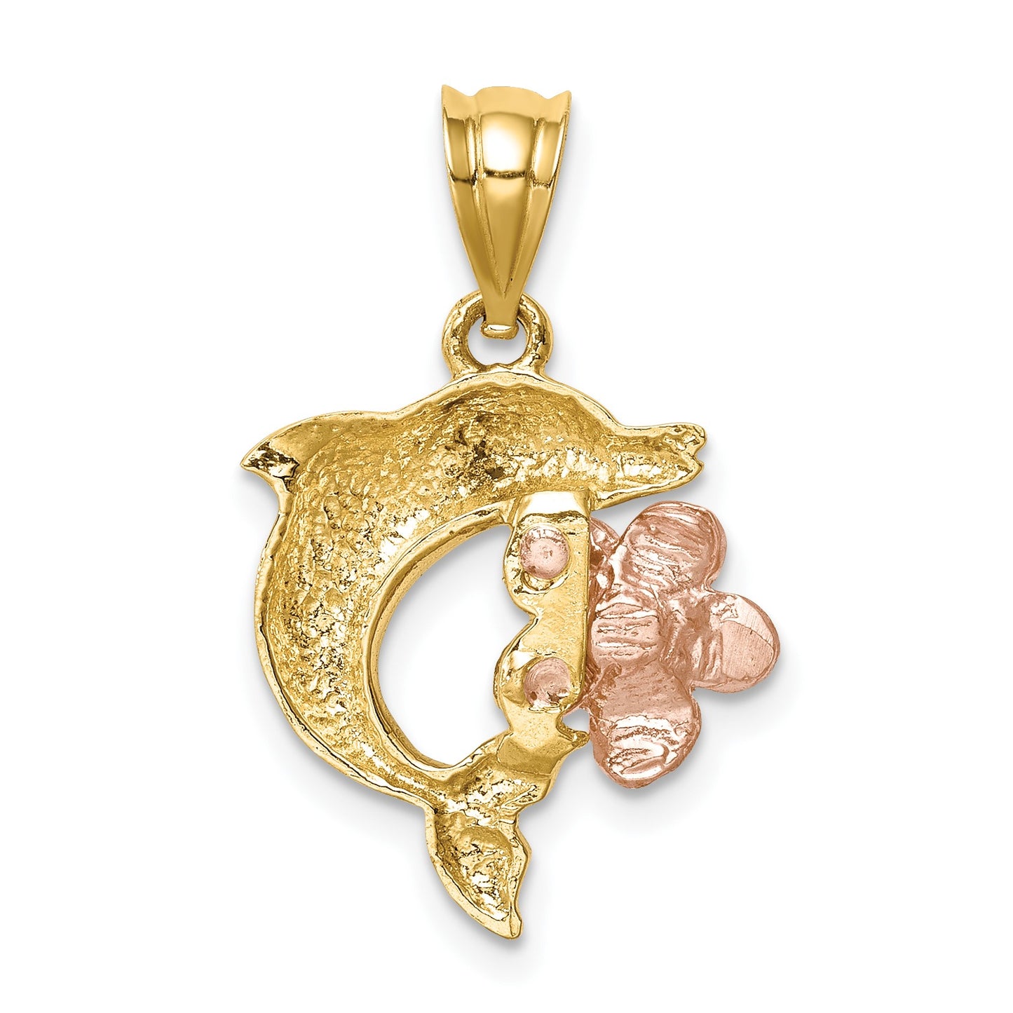 14K Two-tone Brushed and Polished Diamond-cut Plumeria with Dolphin Pendant