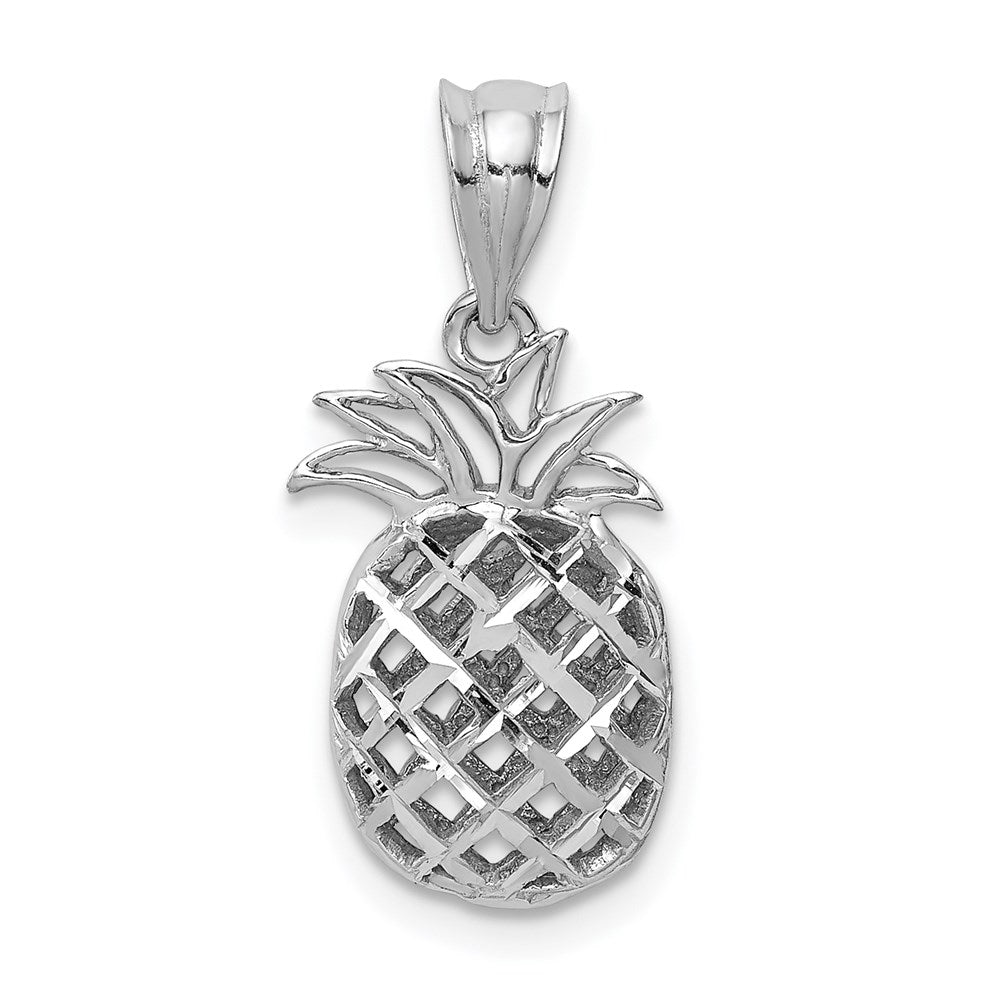 14K White Polished & Diamond-cut 3D Pineapple Pendant