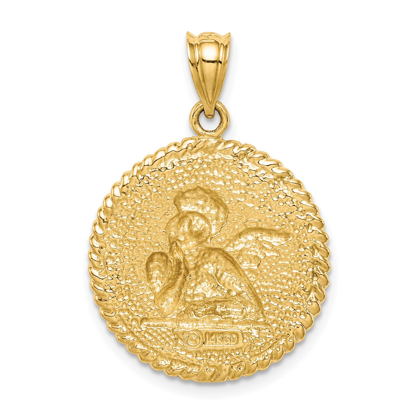 14K Brushed Angel Round Pendant