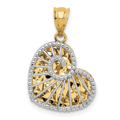 14K Two-tone Polished and Diamond-cut Hollow Heart Pendant