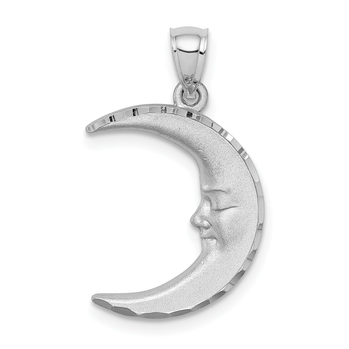 14k White Gold Satin Diamond-cut Moon Pendant