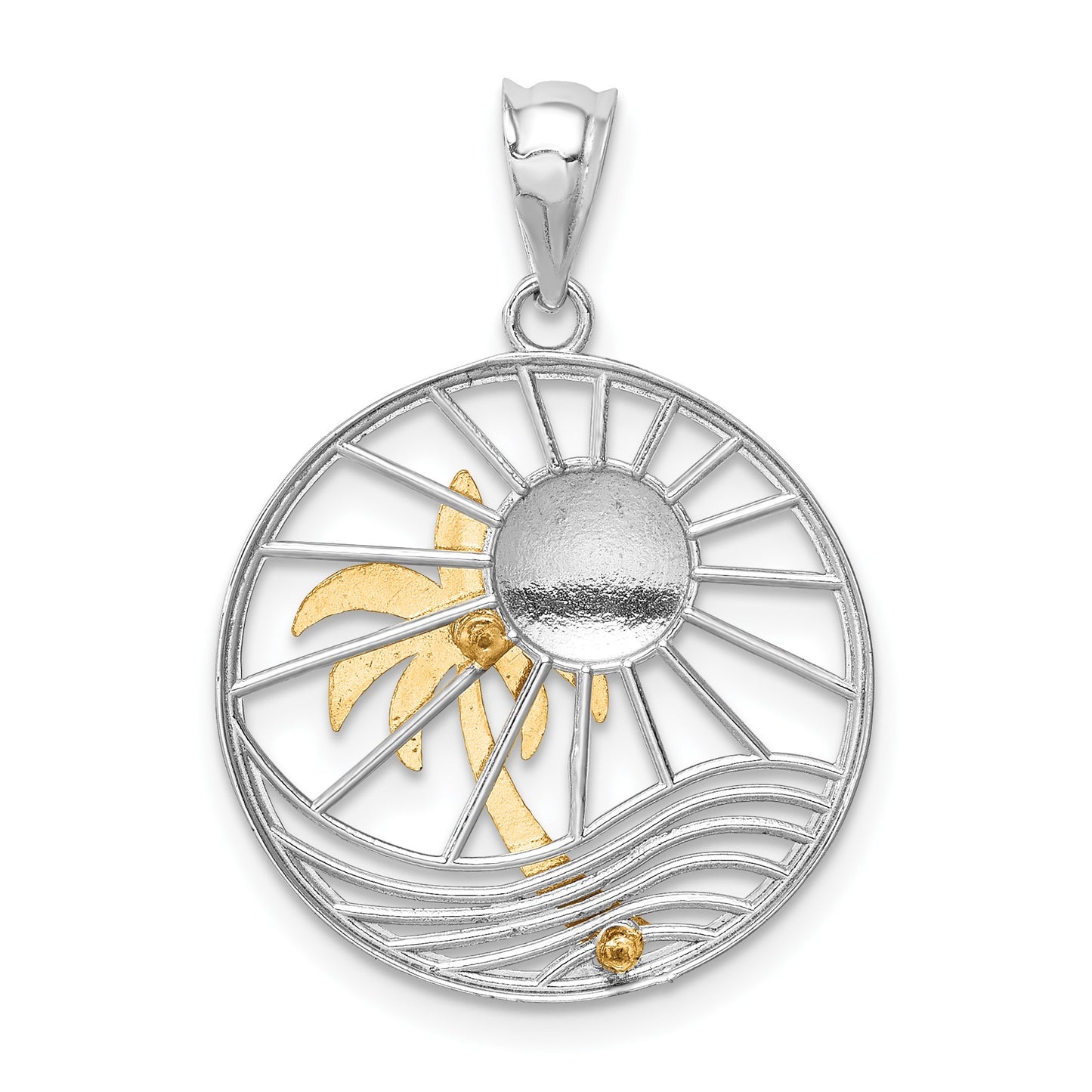 14K Two-tone Sun and Palm Tree in Circle Pendant