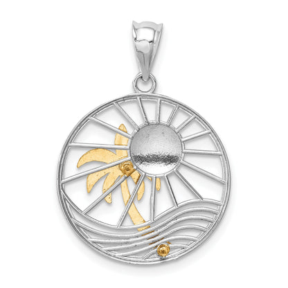 14K Two-tone Sun and Palm Tree in Circle Pendant