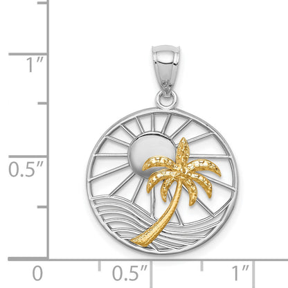 14K Two-tone Sun and Palm Tree in Circle Pendant