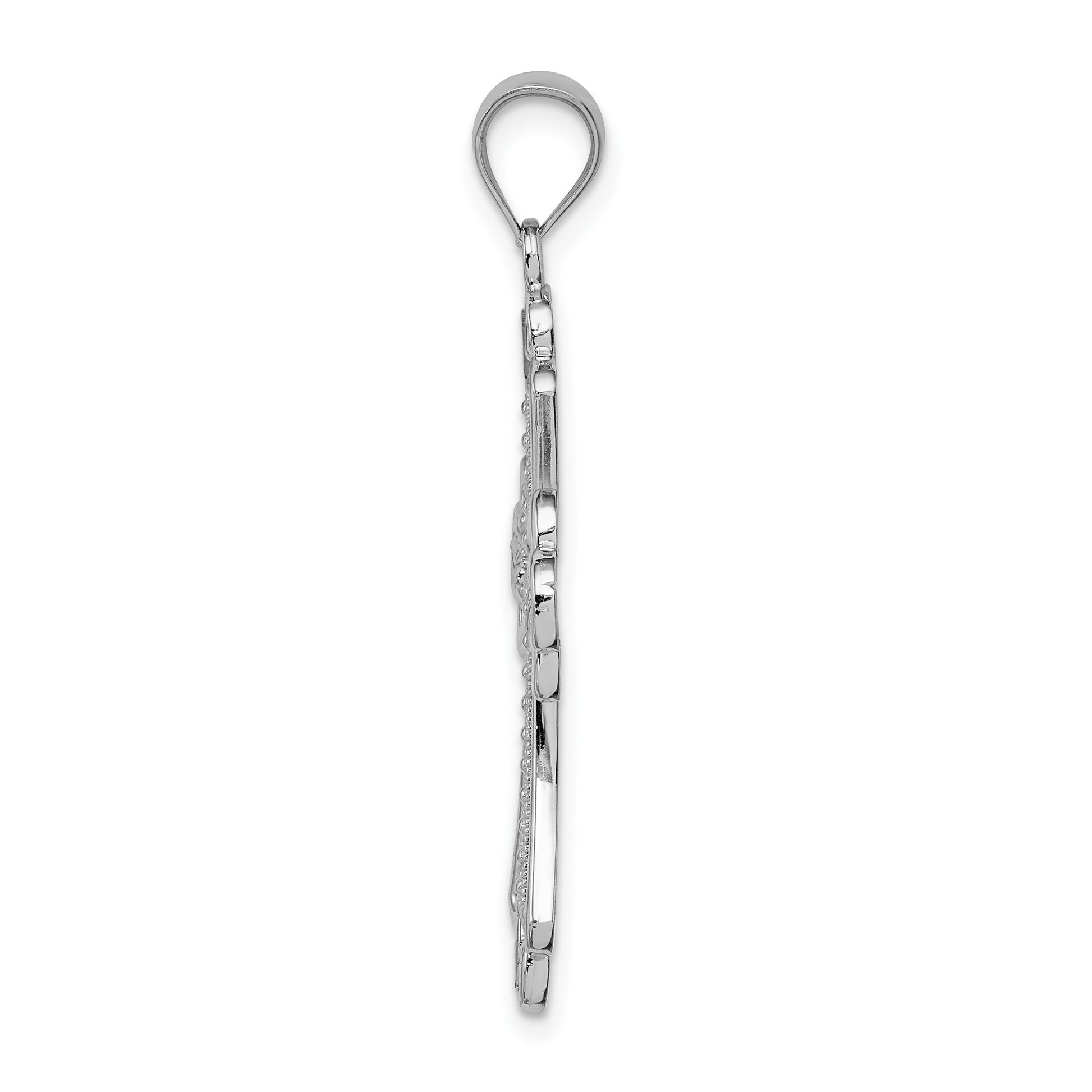 14K White Gold Polished Diamond-cut Textured Cross Pendant