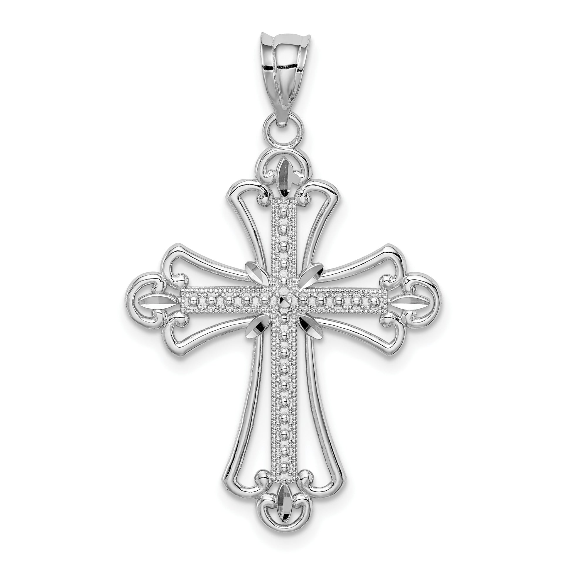 14K White Gold Polished Diamond-cut Textured Cross Pendant