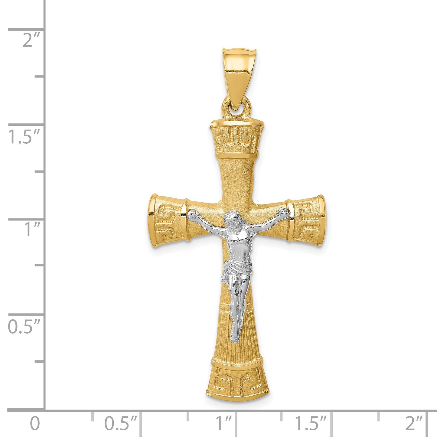 14K Two-tone Brushed and Polished Greek Key Crucifix Pendant