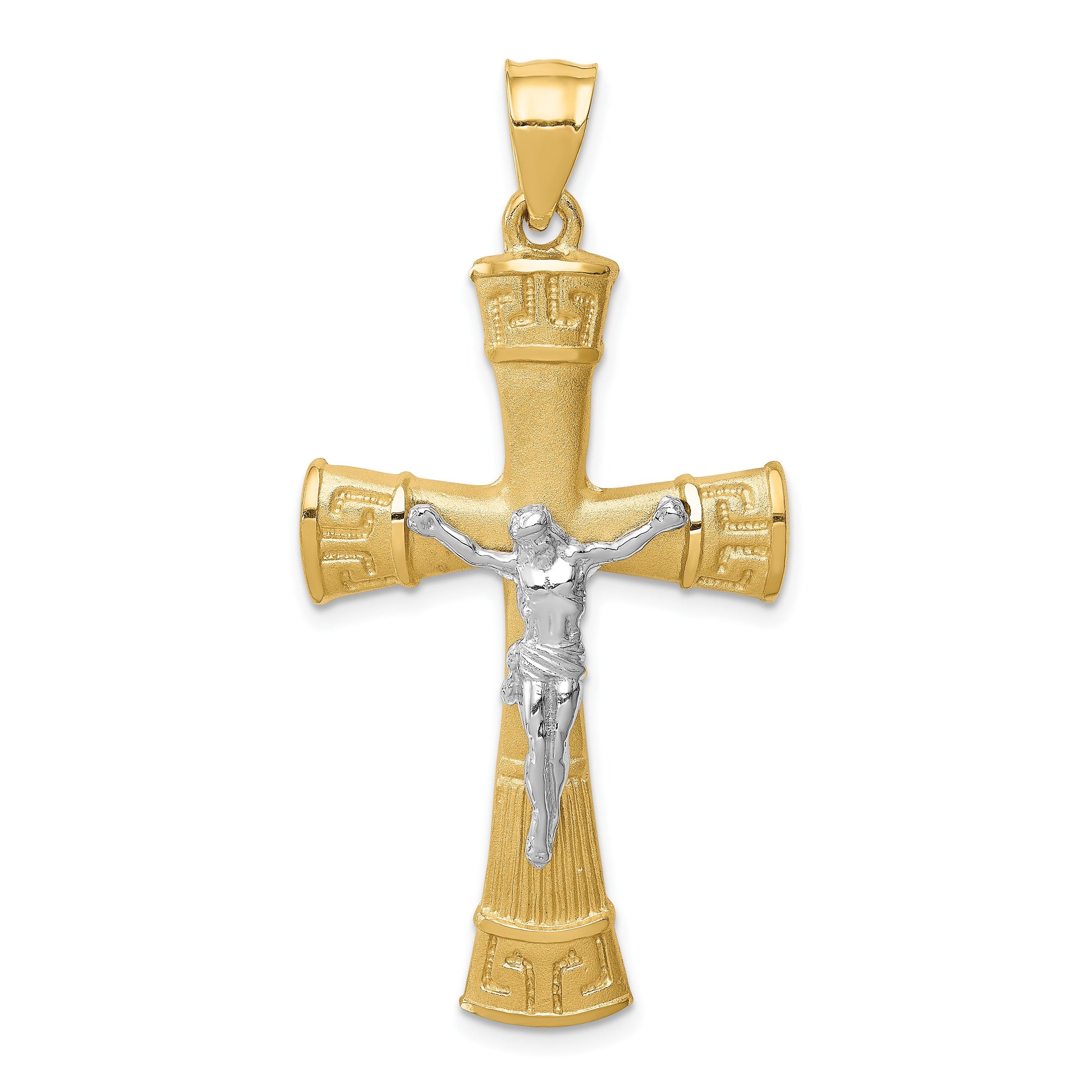 14K Two-tone Brushed and Polished Greek Key Crucifix Pendant