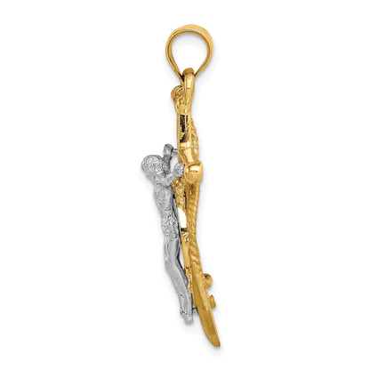 14K Two-tone Polished and Satin Diamond-cut Mariner Crucifix Pendant