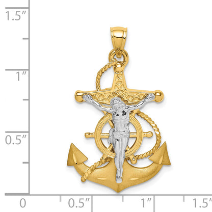 14K Two-tone Polished and Satin Diamond-cut Mariner Crucifix Pendant