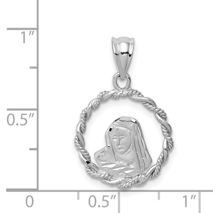 14K White Gold Brushed and Polished Diamond-cut Virgin Mary Pendant