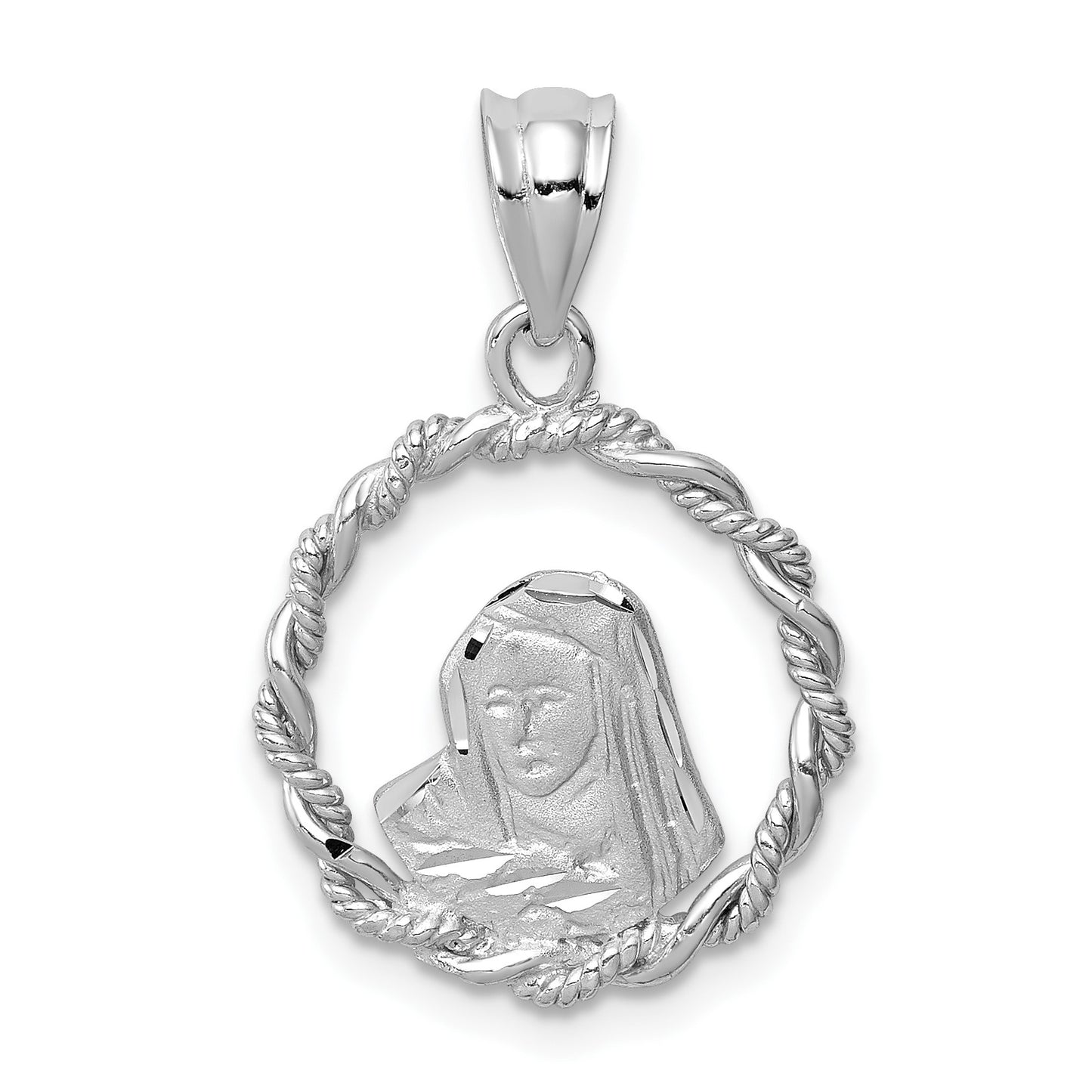 14K White Gold Brushed and Polished Diamond-cut Virgin Mary Pendant