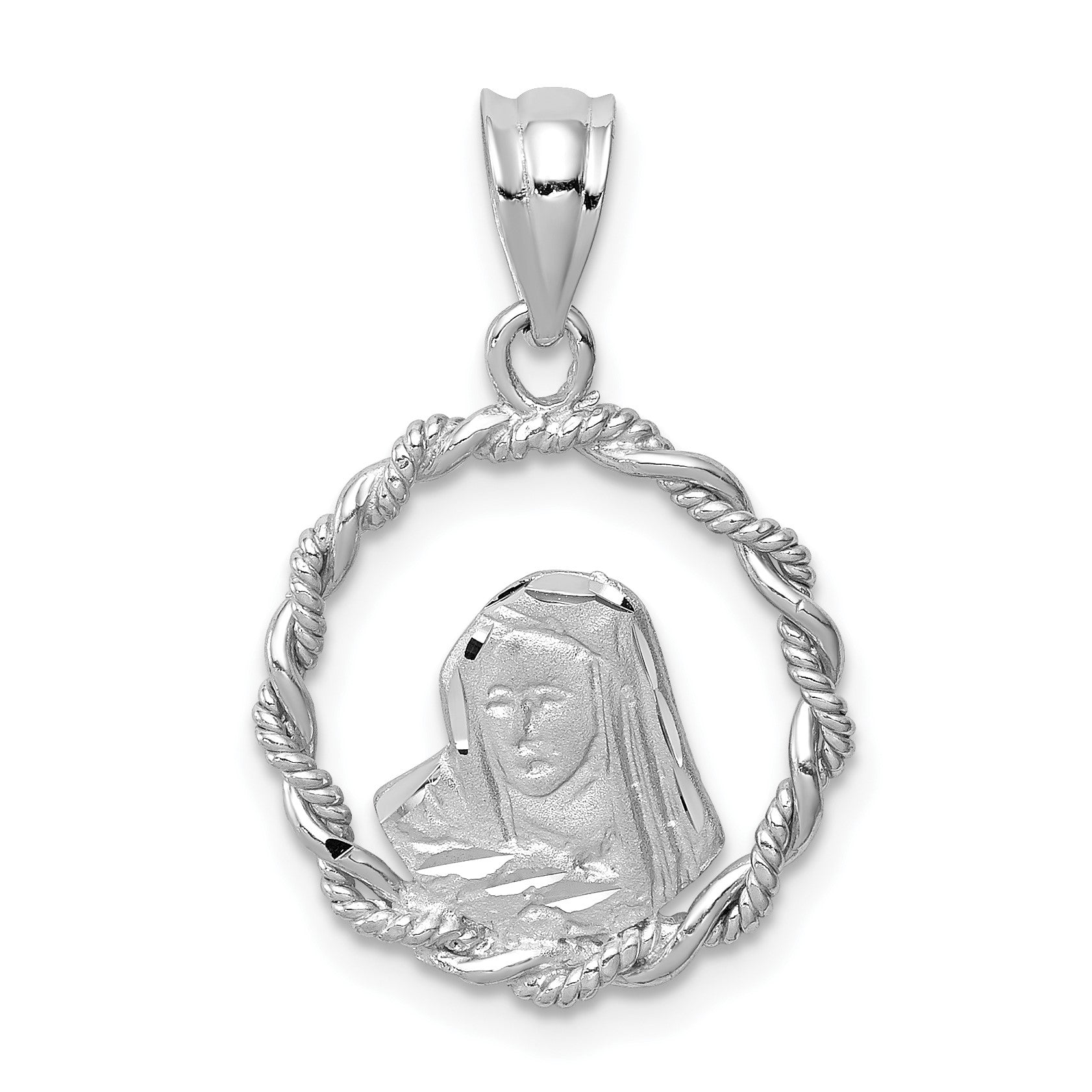 14K White Gold Brushed and Polished Diamond-cut Virgin Mary Pendant