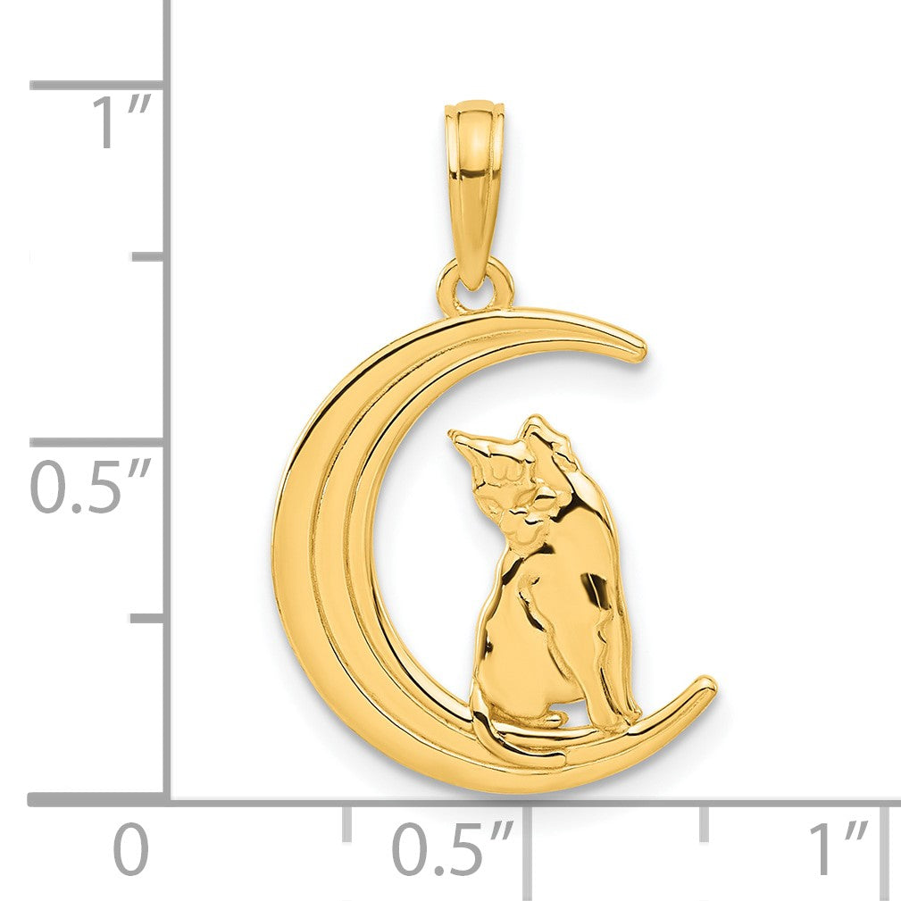 14k Polished Cat Sitting On Moon Pendant