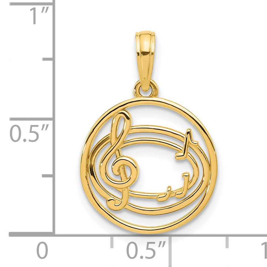 14k Polished Music Notes and Treble Clef in Circle Pendant