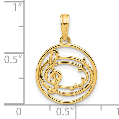 14k Polished Music Notes and Treble Clef in Circle Pendant