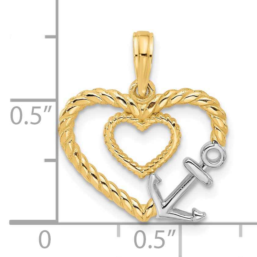 14K with White Rhodium Fancy Rope Heart and Anchor Charm