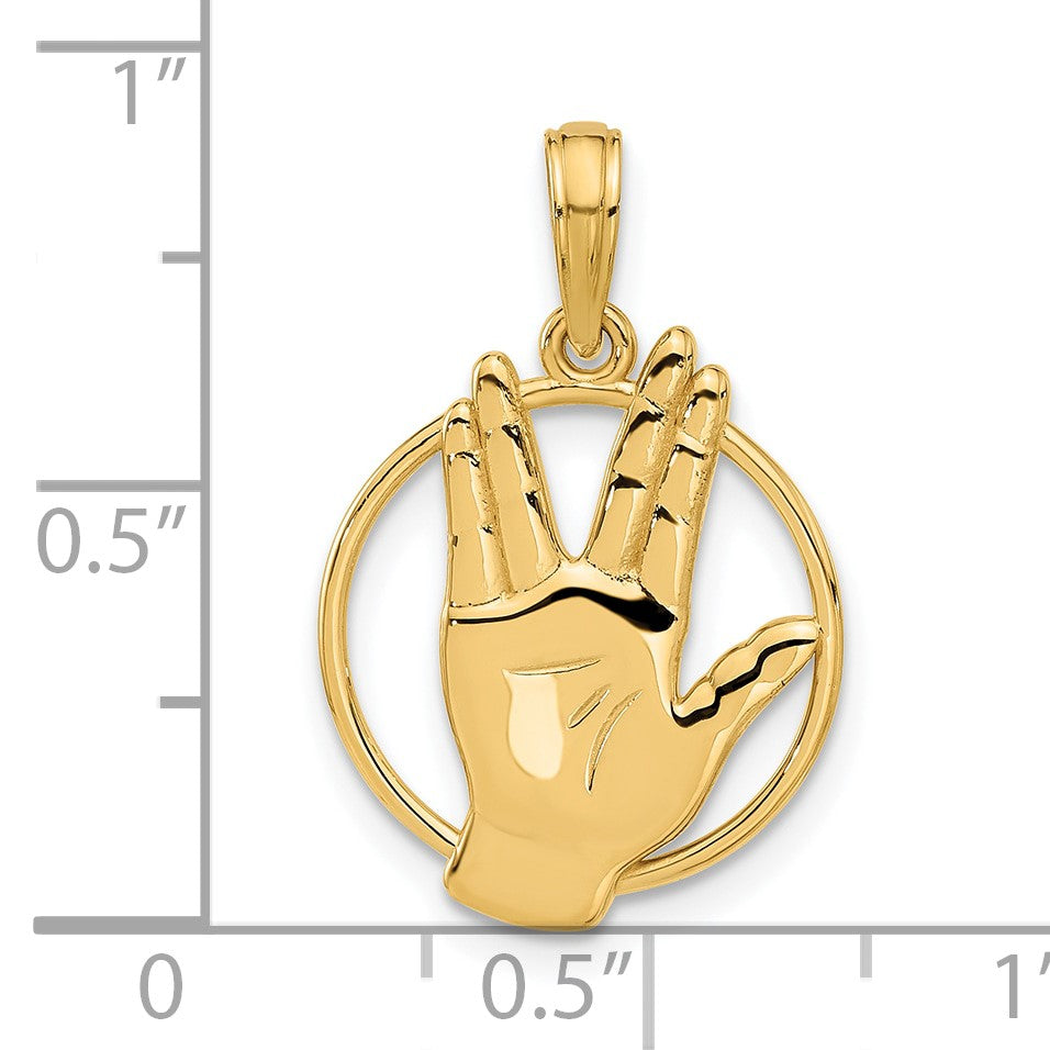 14K Polished Live Long and Prosper Hand Gesture in Circle Charm