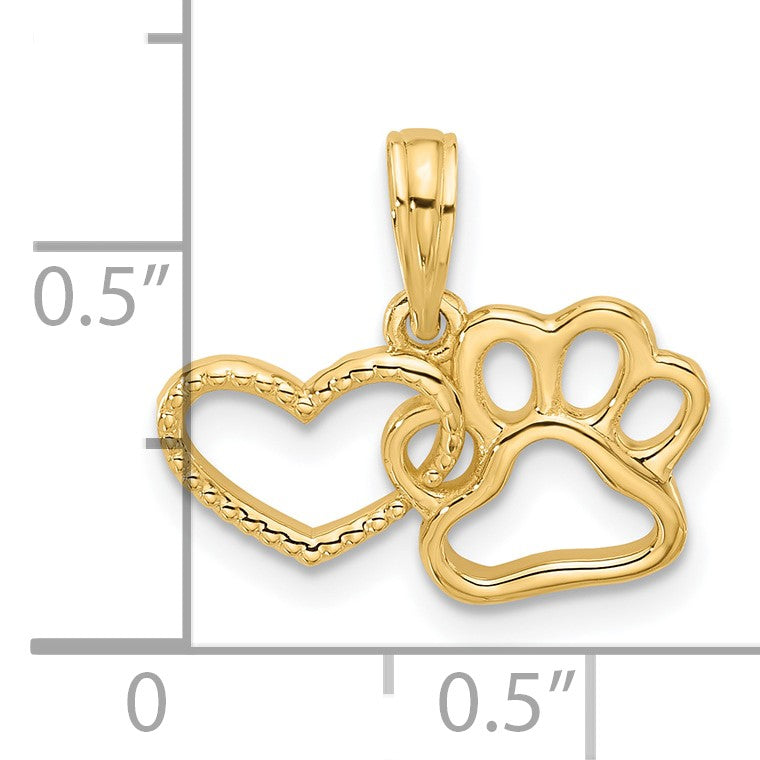 14K Polished Cut-out Heart and Paw Print Charm
