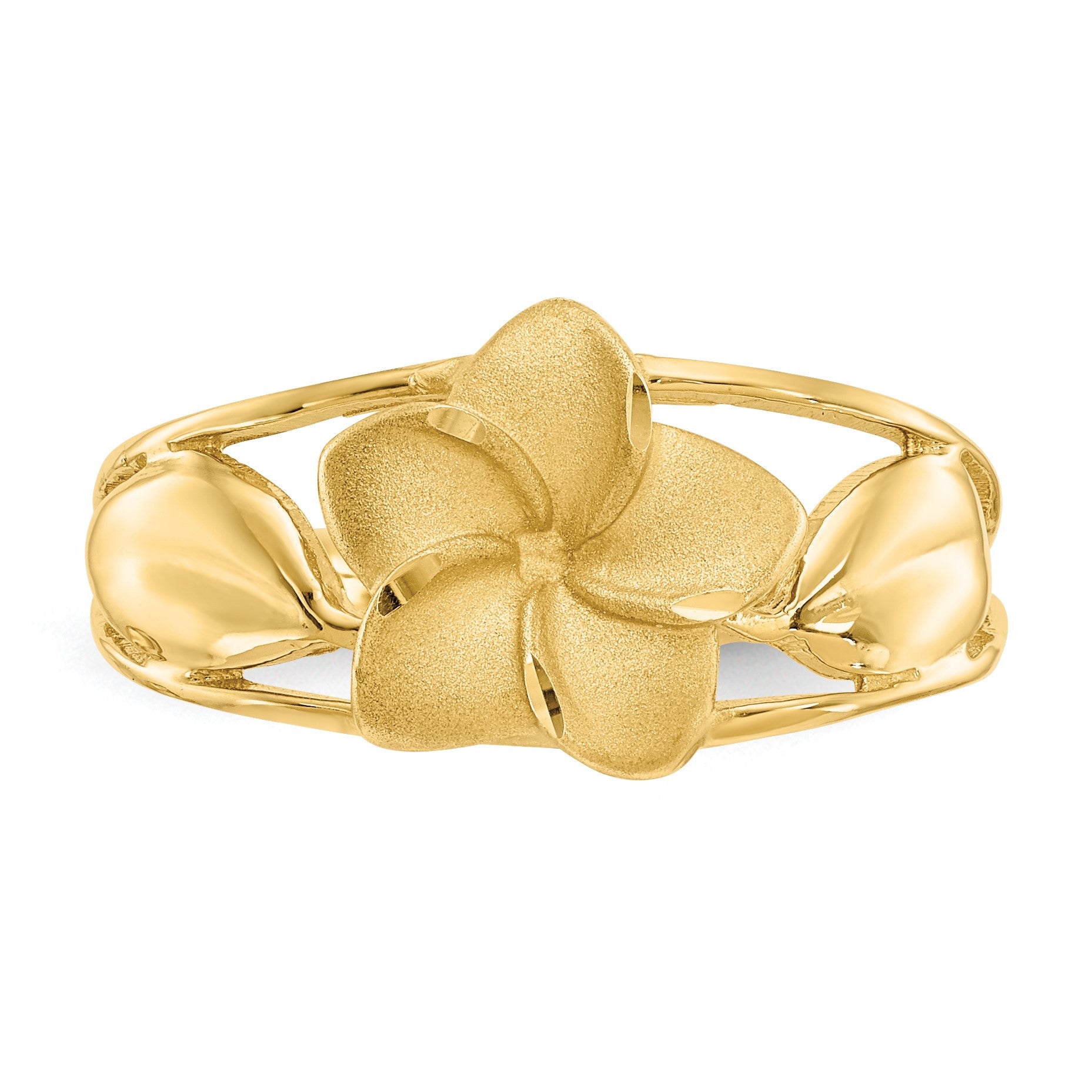 14k Satin and Diamond-Cut Plumeria Ring