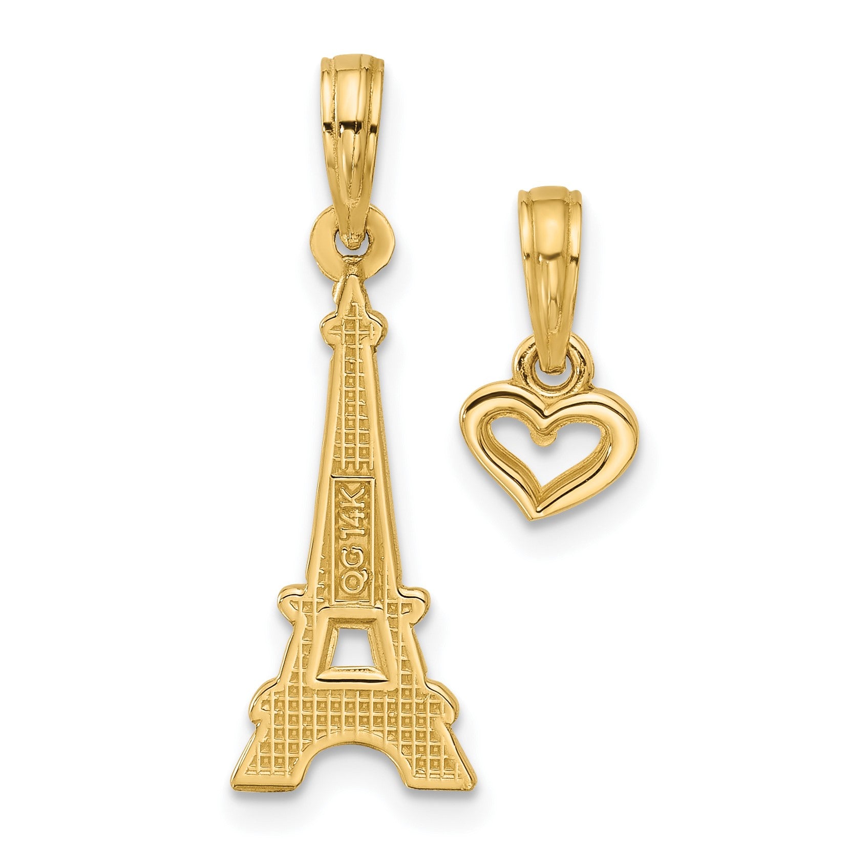 14K Polished and Satin Eiffel Tower with Separate Heart Pendant Set