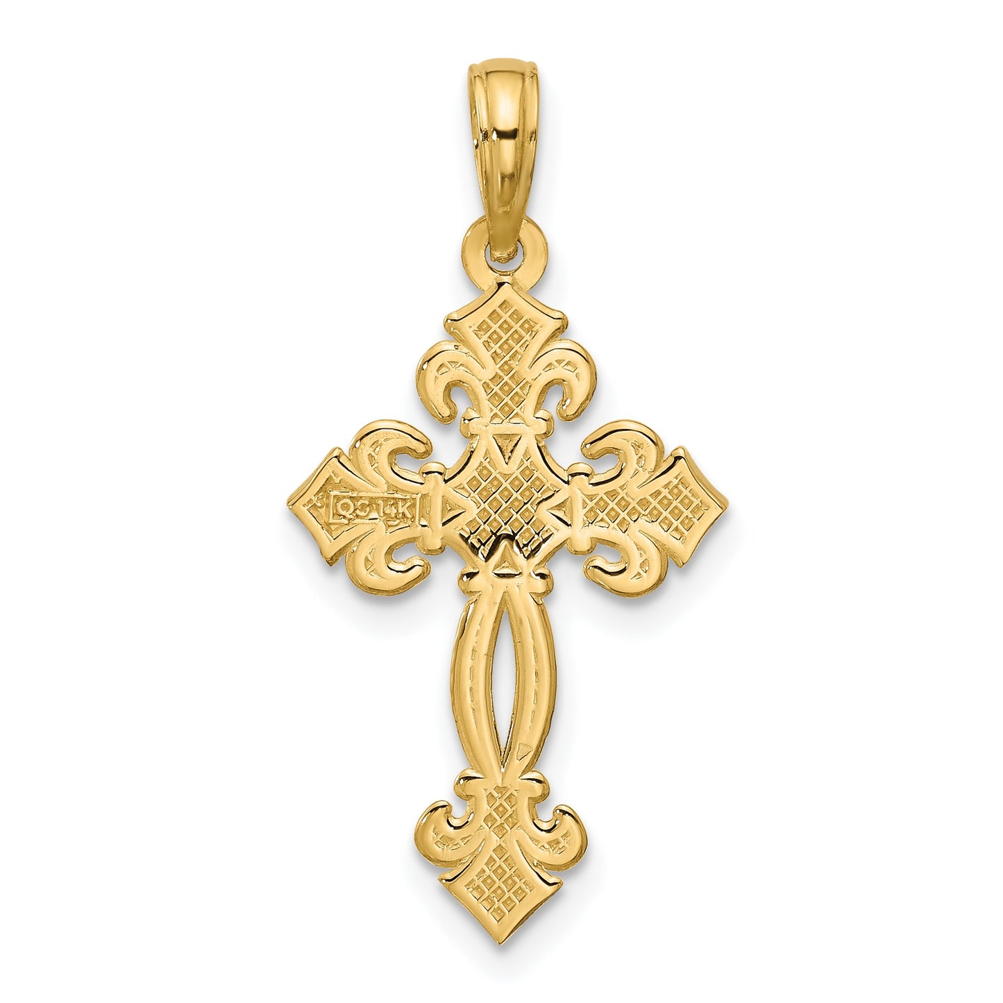 14K Polished Textured Fleur de Lis Cross Pendant