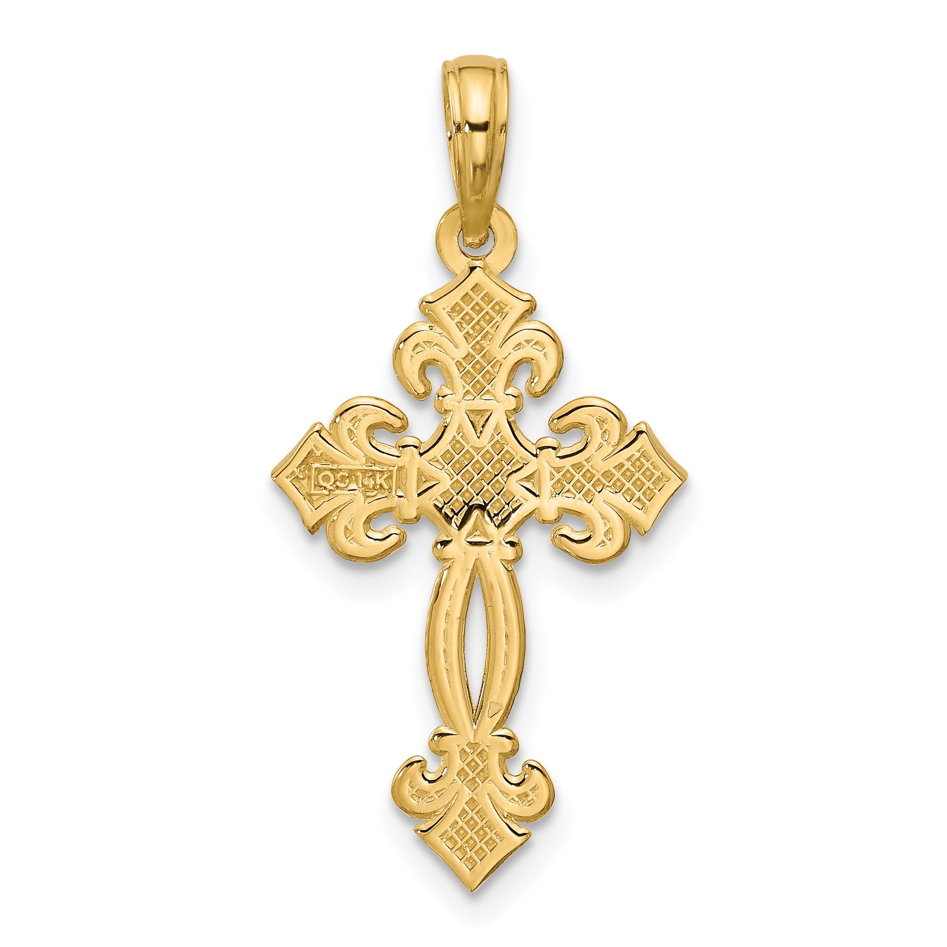 14K Polished Textured Fleur de Lis Cross Pendant