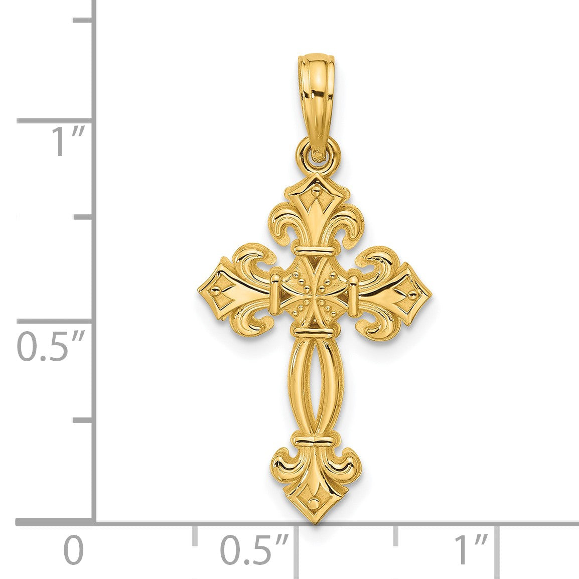 14K Polished Textured Fleur de Lis Cross Pendant