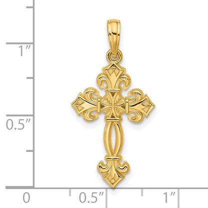 14K Polished Textured Fleur de Lis Cross Pendant