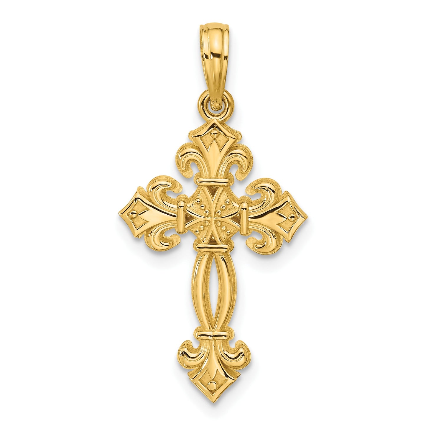 14K Polished Textured Fleur de Lis Cross Pendant
