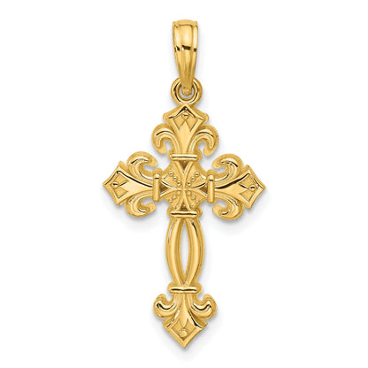 14K Polished Textured Fleur de Lis Cross Pendant