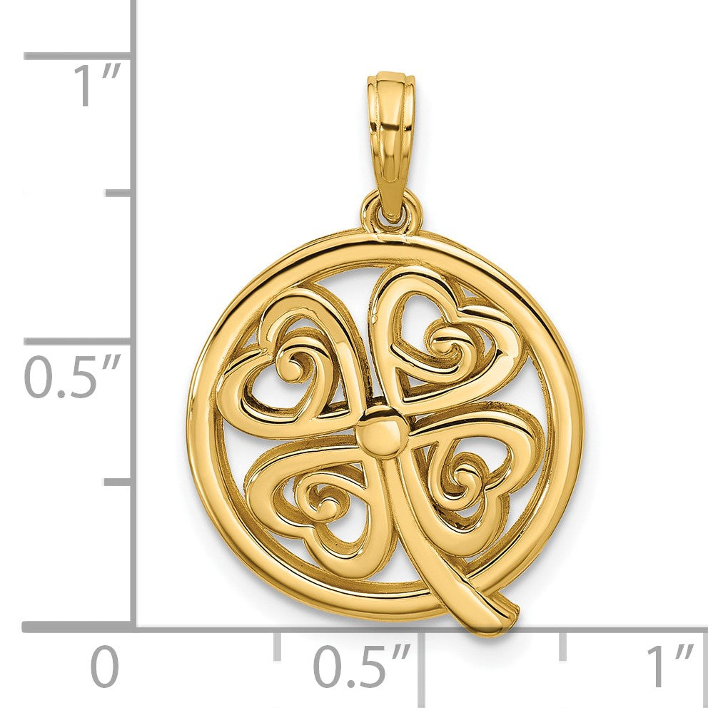 14K Polished Four Leaf Clover in Circle Pendant