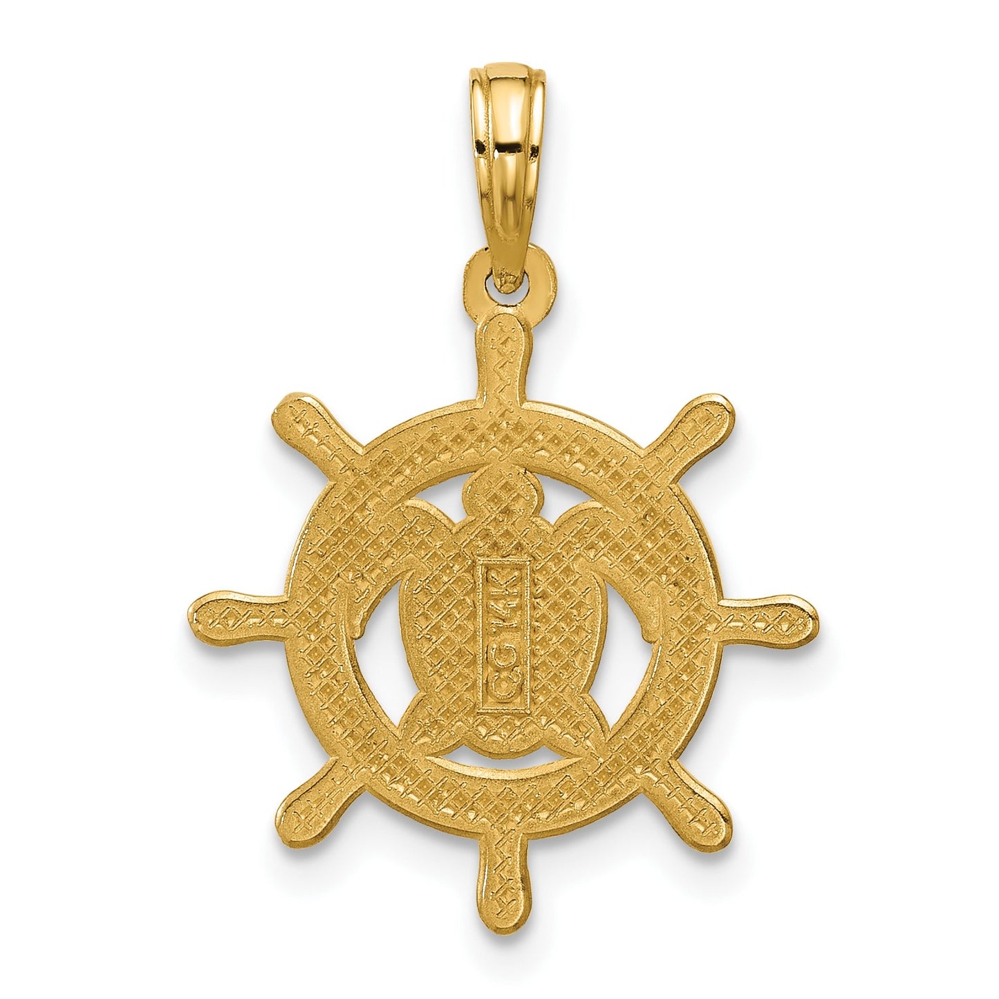 14K Polished Turtle in Ships Wheel Pendant