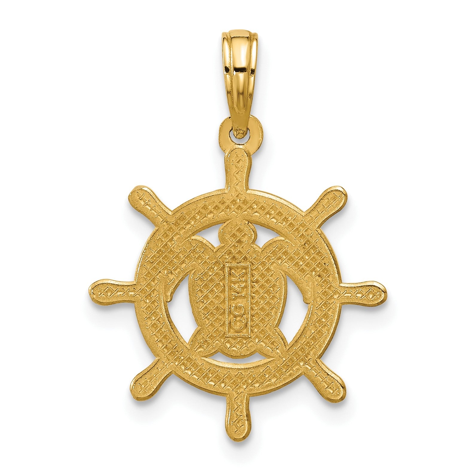14K Polished Turtle in Ships Wheel Pendant