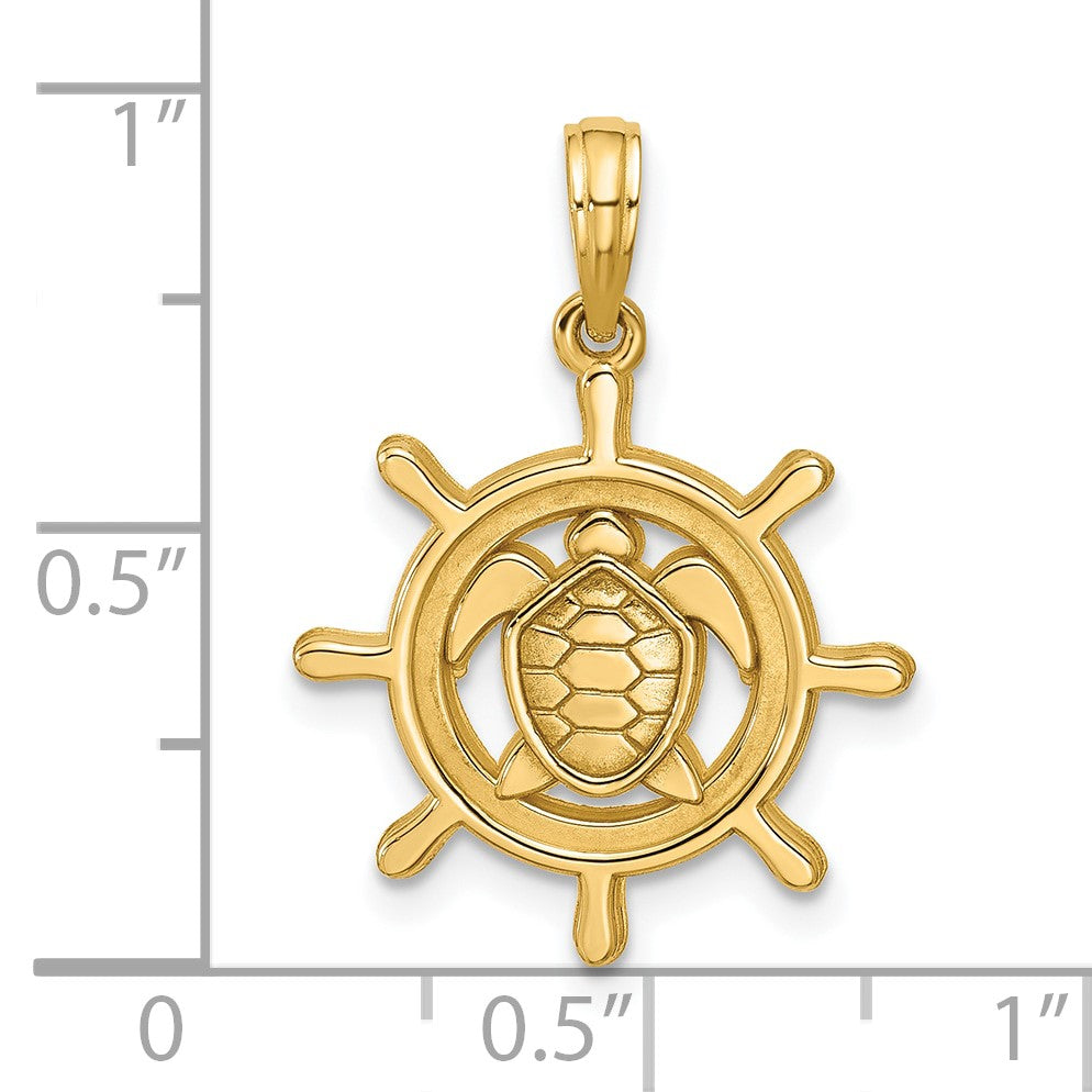 14K Polished Turtle in Ships Wheel Pendant