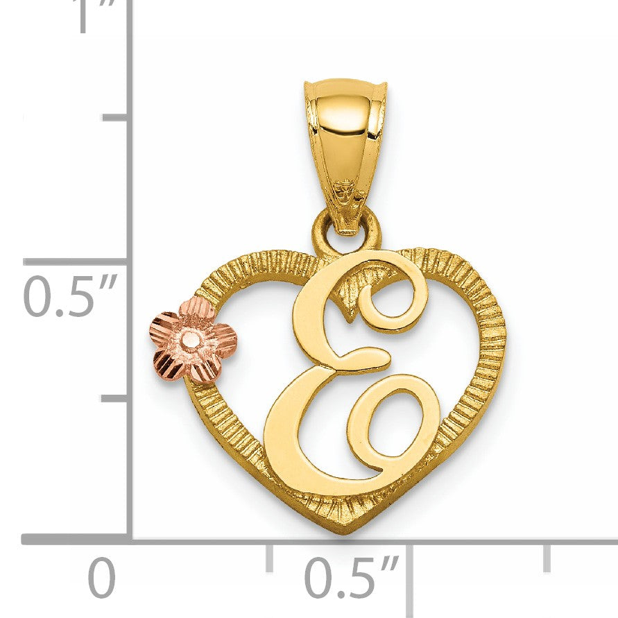 14k Two-Tone Heart Letter E  Initial Pendant