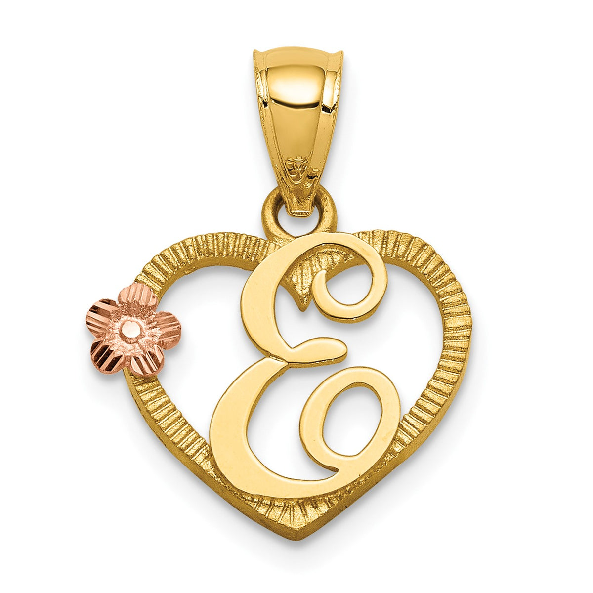 14k Two-Tone Heart Letter E  Initial Pendant