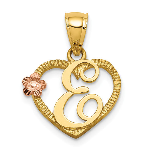 14k Two-Tone Heart Letter E  Initial Pendant