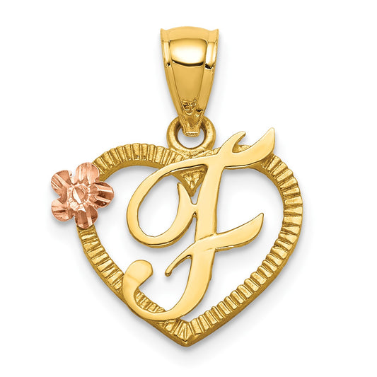 14k Two-Tone Heart Letter F  Initial Pendant