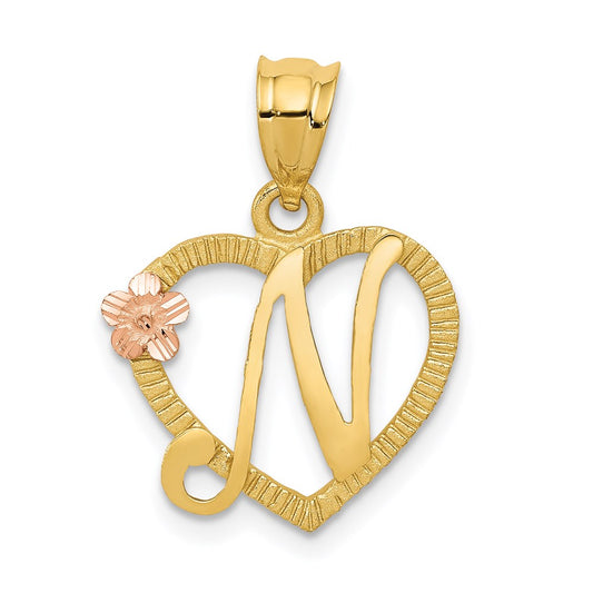 14k Two-Tone Heart Letter N  Initial Pendant