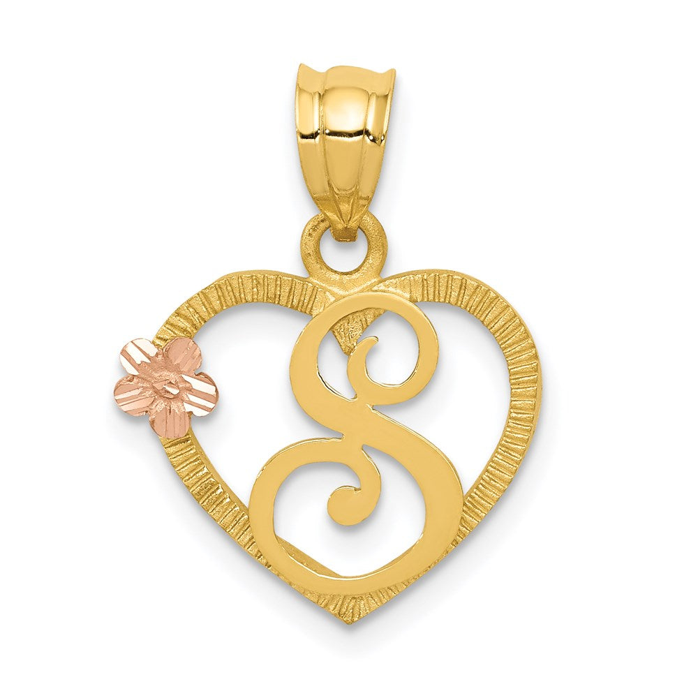 14k Two-Tone Heart Letter S  Initial Pendant