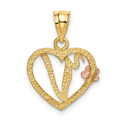 14k Two-Tone Heart Letter V  Initial Pendant