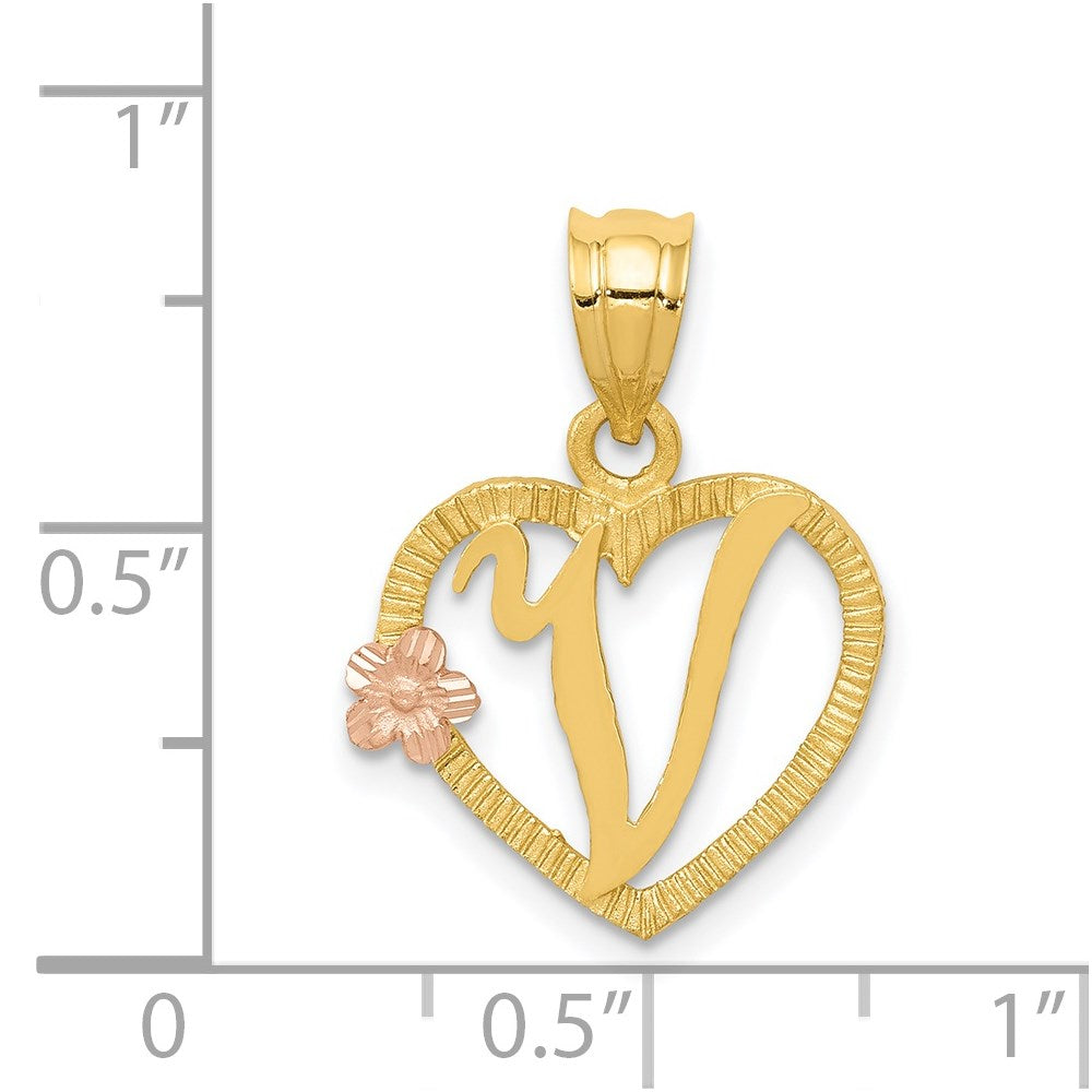 14k Two-Tone Heart Letter V  Initial Pendant