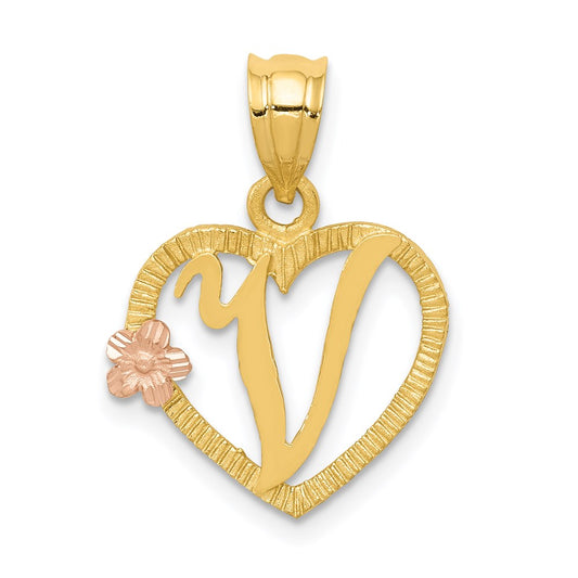 14k Two-Tone Heart Letter V  Initial Pendant