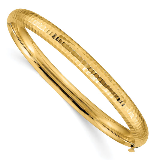 14k 4/16 Polished Fancy Hammered 6.50mm Hinged Oval Bangle Bracelet