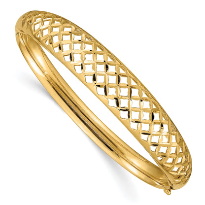 14k Polished Graduated Diamond-cut 6.25-12.5mm Fancy Weave Hinged Oval Bangle Bracelet