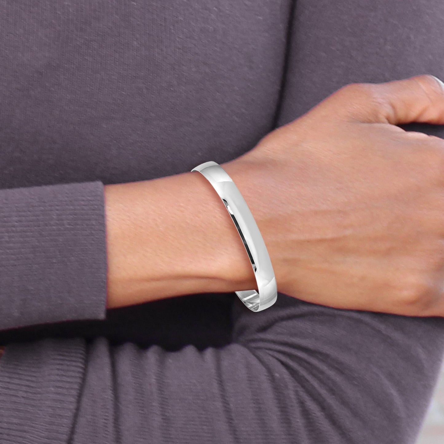14k White Gold 8mm Solid Polished Half-Round Slip-On Round Bangle Bracelet